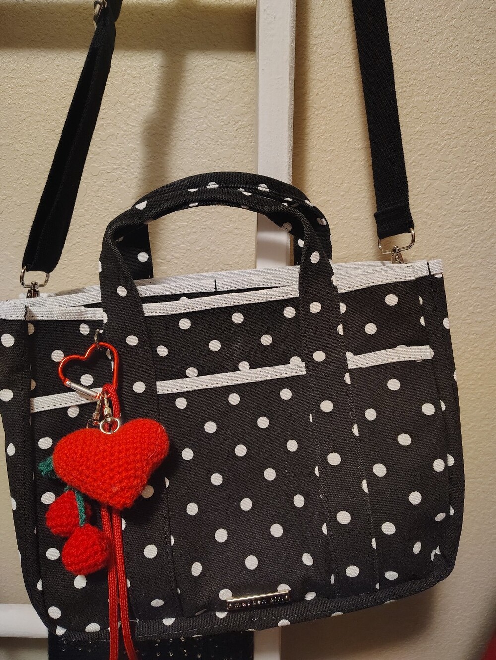 Madden Girl Black Polka Dot Women’s Tote Bag with Red Heart Charm